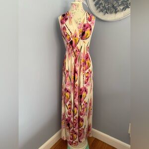 Essentials by Milano Cream Maxi Dress with Pink Floral Print